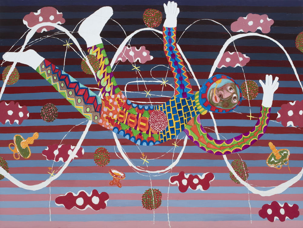 A painting of a cartoonish figure falling against an abstracted, striped sky hung with polka-dotted clouds. His eyes and mouth are wide with apparent alarm. The figure is clothed in many different colors and patterns with white boots and gloves, encircled by loops of white.