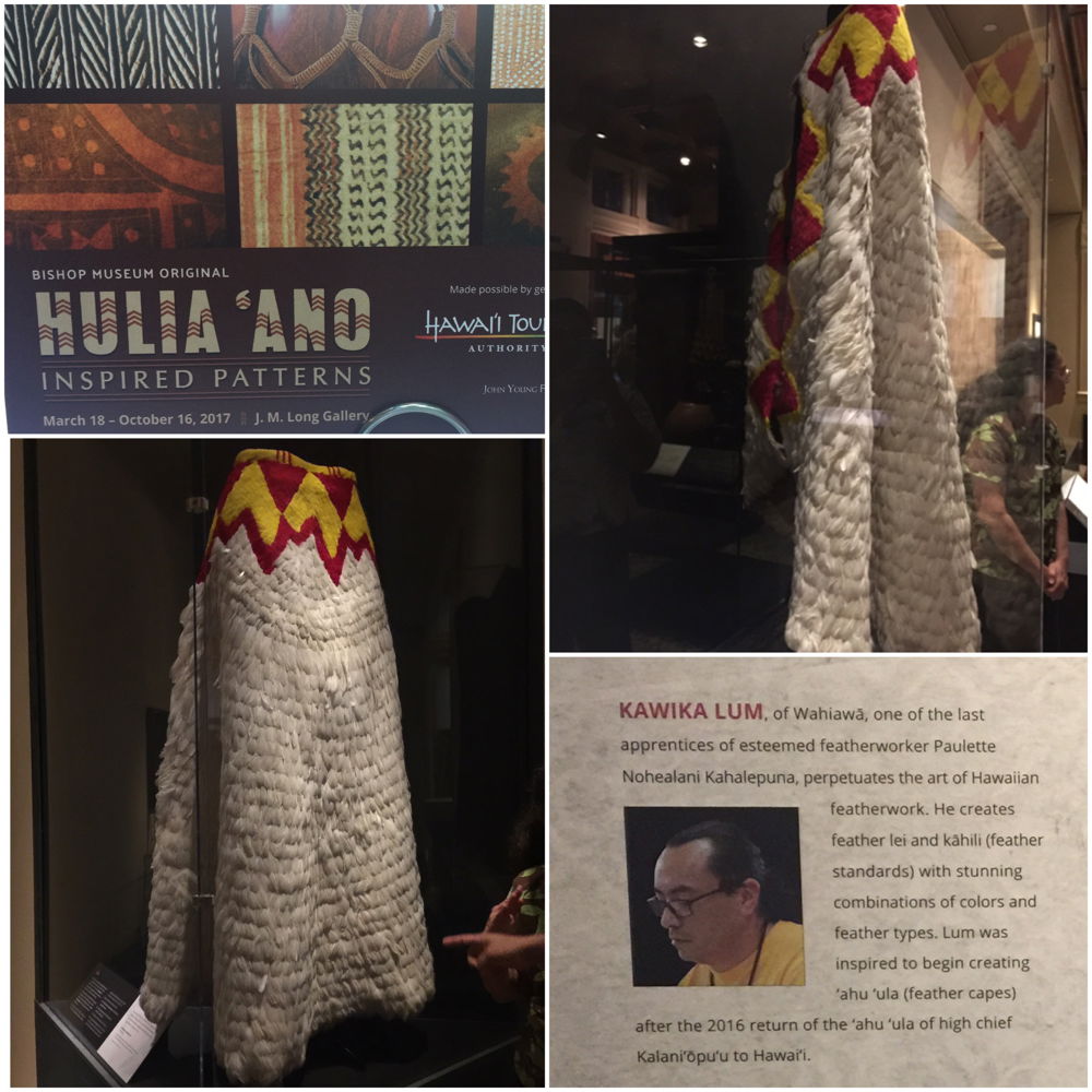 Graphic of Kawika Lum-Nelmida's photos and bio in a grid with photos of a long cape of white feathers with red and yellow details at the neck.