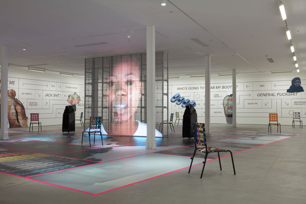<em>Grand Calme</em>, 2018. Interactive AI website, chairs, wall text and image, dimensions variable. Sadie Coles HQ, London.