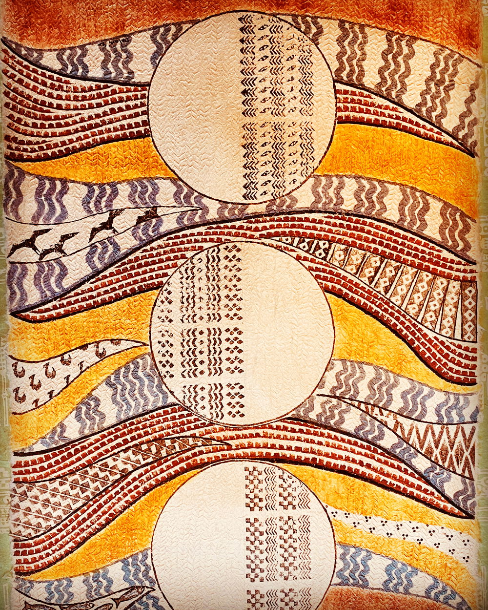 Kapa barkcloth with a design of three circles stacked on top of one another with tendril-shaped designs coming in from the left and right. The shapes are also printed with patterns of wavy lines, checkers, and dots.