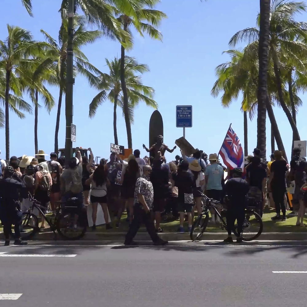 A group of demonstrators gather in a park under coconut trees. Around a statue they hold signs and a Hawaiian flag. An illustration of Disney character Stitch is in the back of the crowd next to police officers holding a sign that reads ‘HULI’