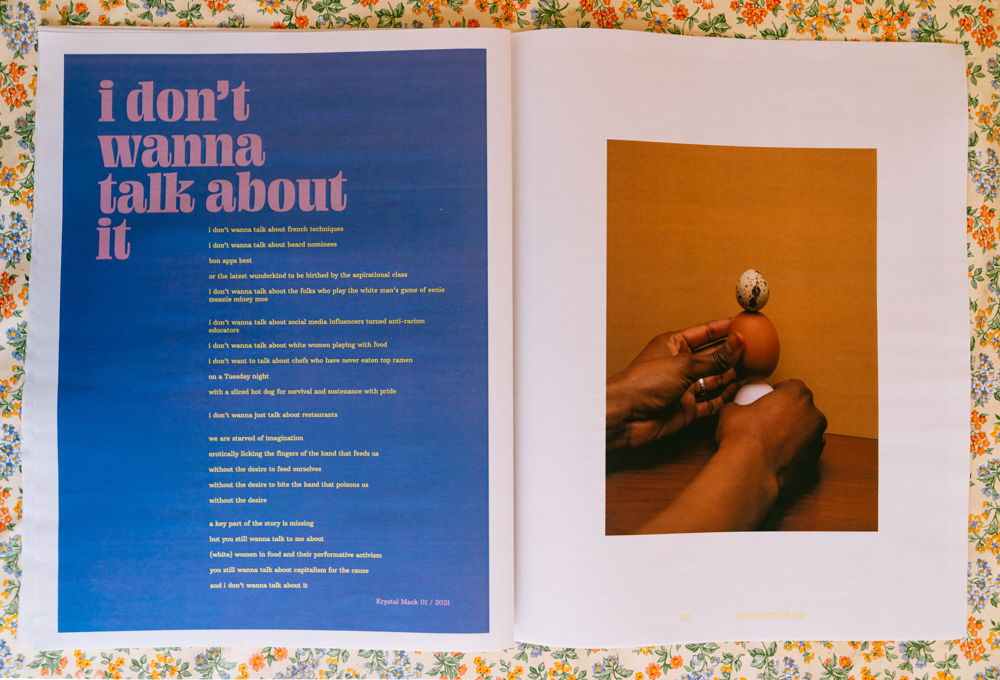 A magazine laid open to reveal a colorful two-page spread. On the left-hand page is a poem by Krystal C. Mack entitled "I don't wanna talk about it." The right page is a photograph of two hands with brown skin very delicately stacking eggs of different sizes and colors.
