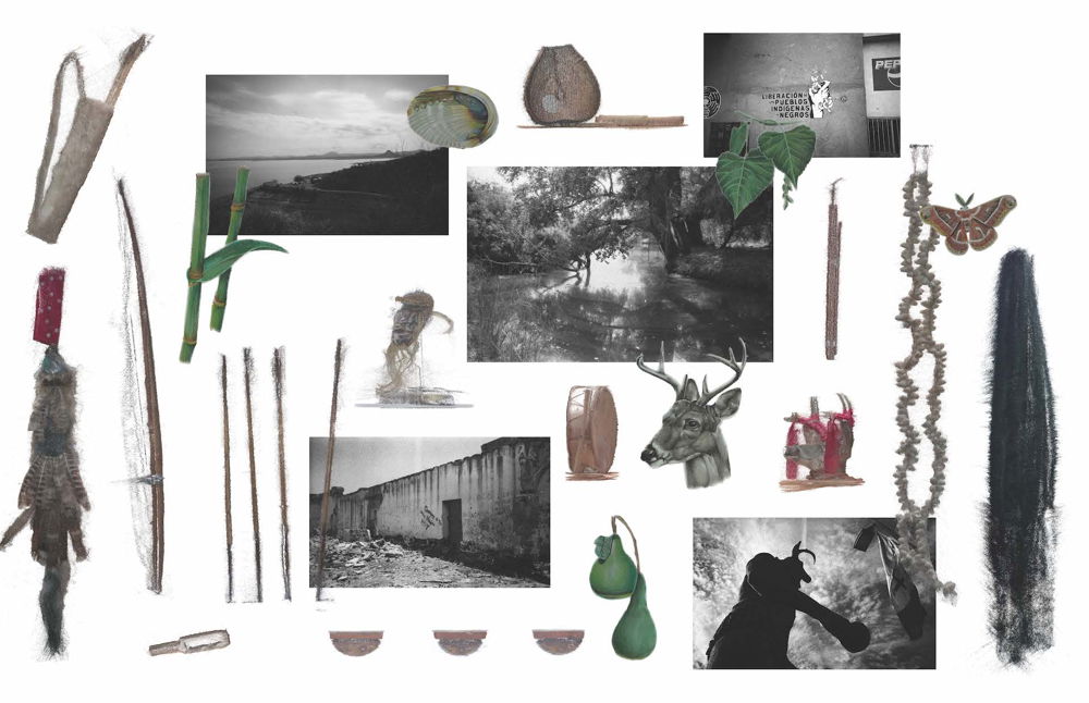 A collage of objects on a stark white background. The objects include a section of green bamboo stalks, leaves, green pears, deer heads, a moth, fibers, feathers, a shell, a bow and quiver, a drum, and a few black-and-white photographs of landscapes, the sides of buildings, and a silhouetted figure wearing a deer's head